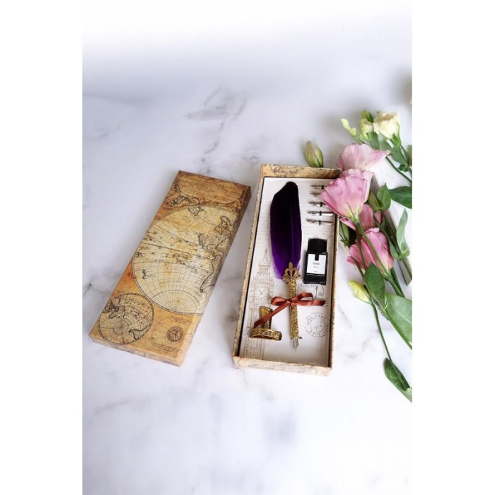 Set caligrafie vintage AntiqueFeather Doty®, cu penite incluse, calimara si suport, accente aurii, stilou cu pana, mov [5]