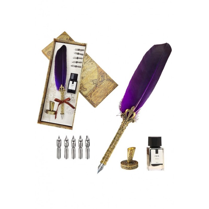 Set caligrafie vintage AntiqueFeather Doty®, cu penite incluse, calimara si suport, accente aurii, stilou cu pana, mov [2]