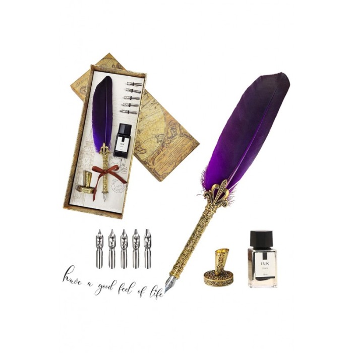 Set caligrafie vintage AntiqueFeather Doty®, cu penite incluse, calimara si suport, accente aurii, stilou cu pana, mov [1]