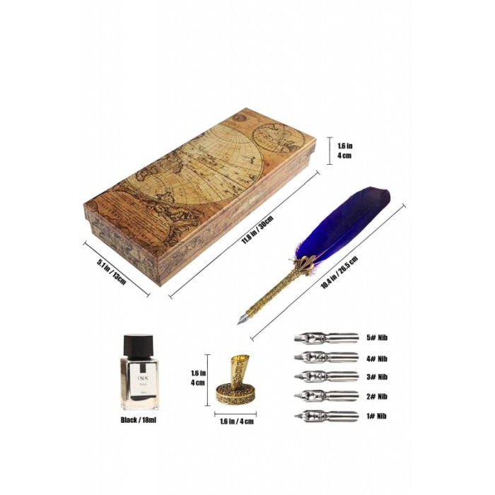 Set caligrafie vintage AntiqueFeather Doty®, cu penite incluse, calimara si suport, stilou cu pana, albastru regal [4]