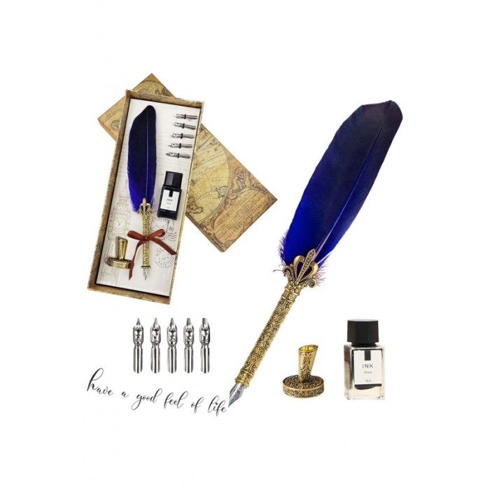 Set caligrafie vintage AntiqueFeather Doty®, cu penite incluse, calimara si suport, stilou cu pana, albastru regal [2]