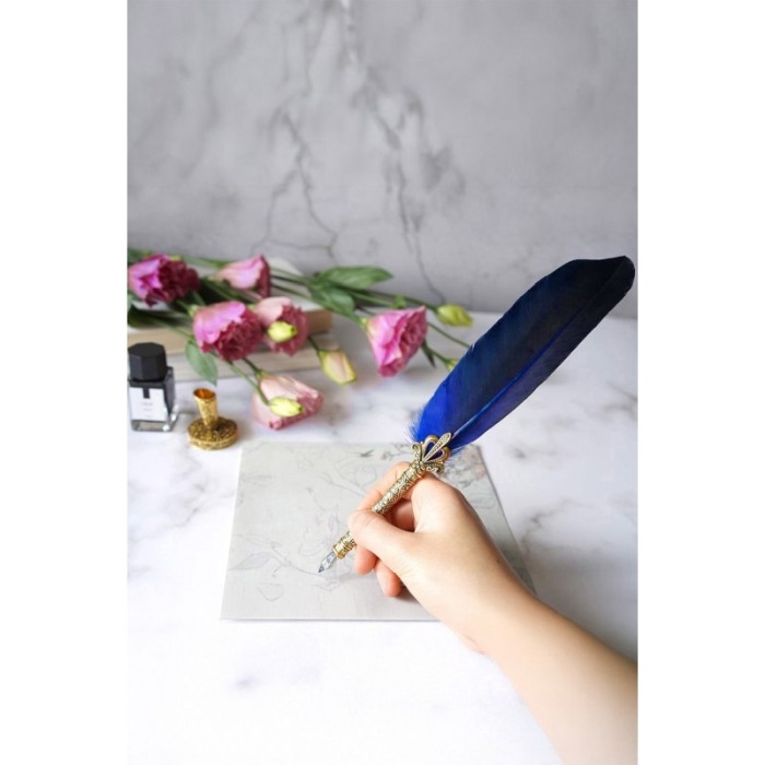 Set caligrafie vintage AntiqueFeather Doty®, cu penite incluse, calimara si suport, stilou cu pana, albastru regal [6]