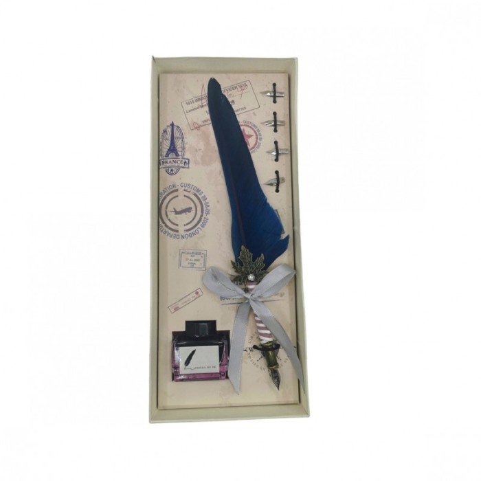 Set caligrafie vintage OldGoldNip, cu penite incluse si calimara, stilou cu pana, albastru [4]