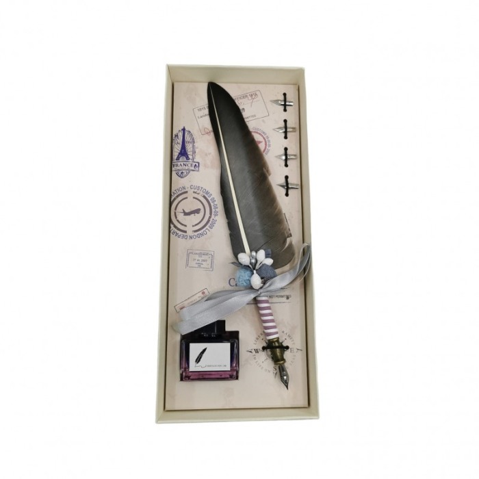 Set caligrafie vintage OldGoldNip, cu penite incluse si calimara, stilou cu pana, gri, Doty [1]
