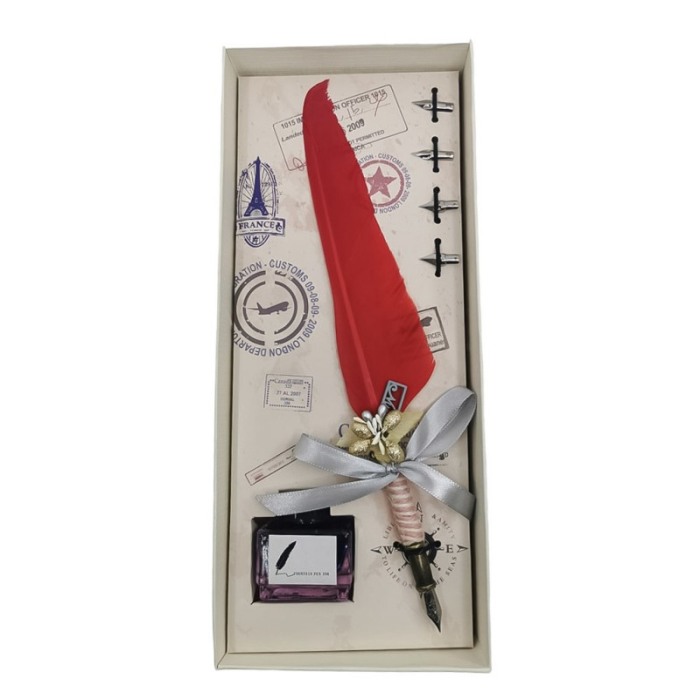 Set caligrafie vintage OldGoldNip, cu penite incluse si calimara, stilou cu pana, rosu [1]
