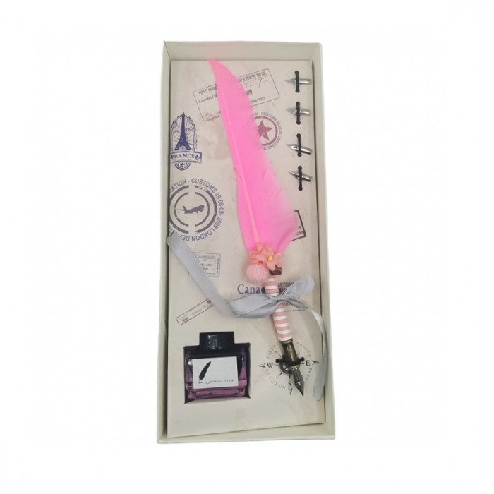 Set caligrafie vintage OldGoldNip, cu penite incluse si calimara, stilou cu pana, roz [1]