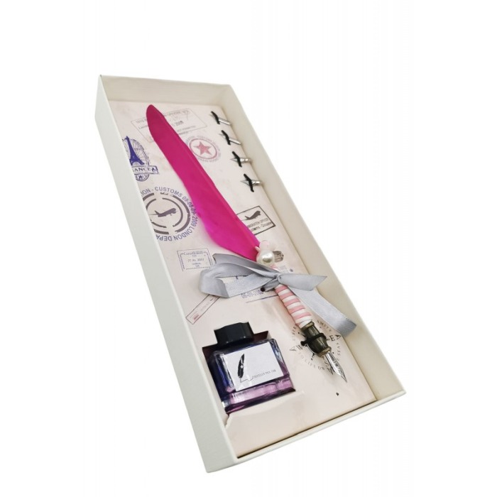 Set caligrafie vintage OldGoldNip, cu penite incluse si calimara, stilou cu pana, roz magenta, Doty®️ [6]