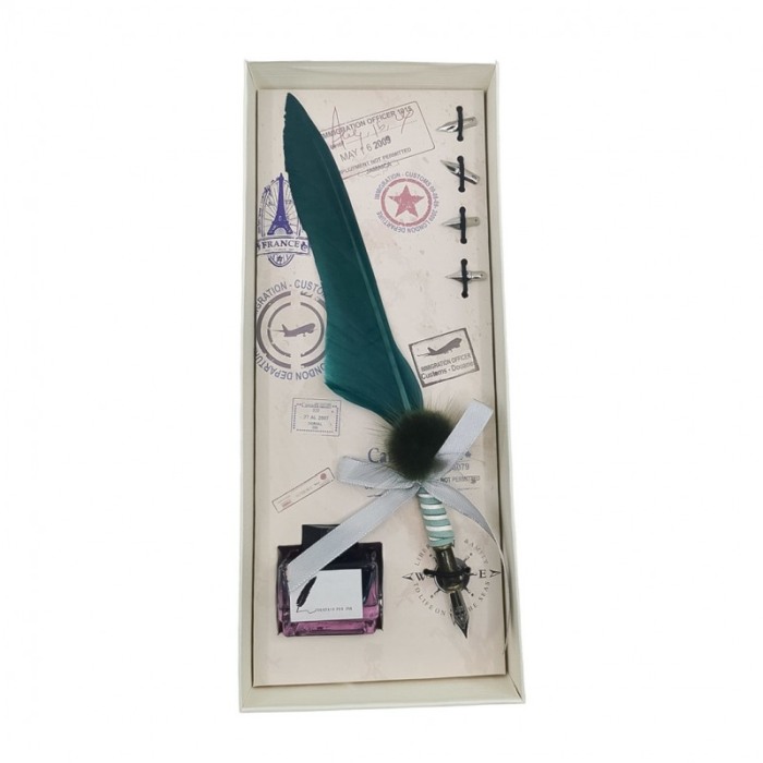 Set caligrafie vintage OldGoldNip, cu penite incluse si calimara, stilou cu pana, verde smarald [1]