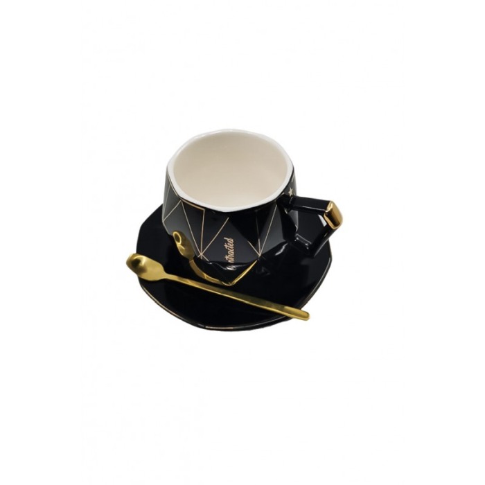 Set Ceasca Aristocratic, lingurita si farfurie incluse, forma asimetrica, accente aurii, 100 ml, negru, Doty®️ [2]