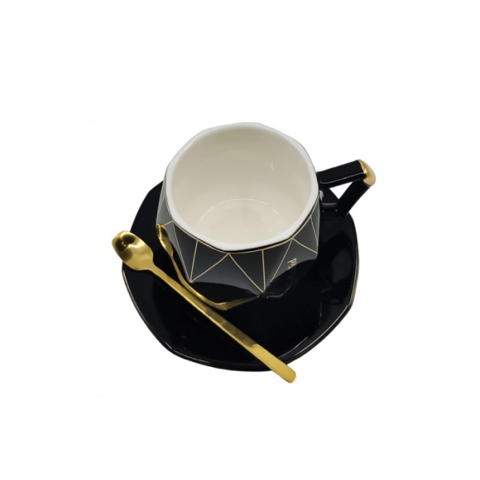 Set Ceasca Aristocratic, lingurita si farfurie incluse, forma asimetrica, accente aurii, 100 ml, negru, Doty®️ [3]