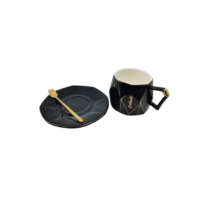 Set Ceasca Aristocratic, lingurita si farfurie incluse, forma asimetrica, accente aurii, 100 ml, negru, Doty®️ [4]