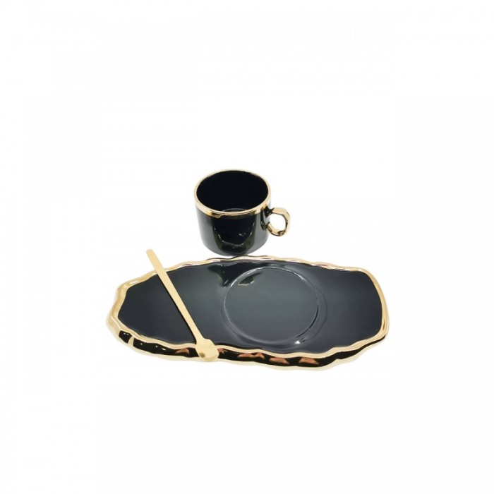 Set Ceasca Black Royal, lingurita si farfurie incluse, 25 cm, forma asimetrica, accente aurii, 100 ml, negru [5]
