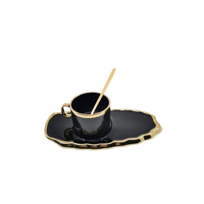 Set Ceasca Black Royal, lingurita si farfurie incluse, 25 cm, forma asimetrica, accente aurii, 100 ml, negru [1]