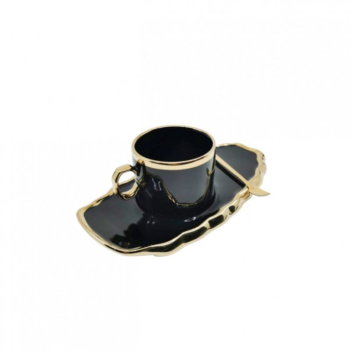 Set Ceasca Black Royal, lingurita si farfurie incluse, 25 cm, forma asimetrica, accente aurii, 100 ml, negru [3]
