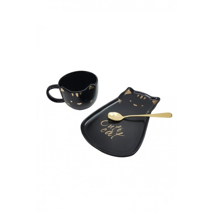Set Ceasca CatCup, lingurita si farfurie incluse, forma asimetrica, accente aurii, 100 ml, negru, Doty®️ [5]
