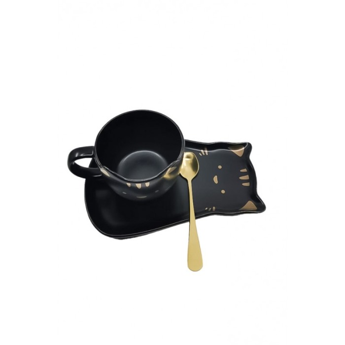 Set Ceasca CatCup, lingurita si farfurie incluse, forma asimetrica, accente aurii, 100 ml, negru, Doty®️ [2]