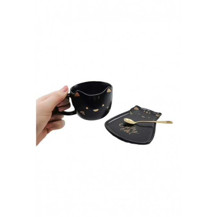 Set Ceasca CatCup, lingurita si farfurie incluse, forma asimetrica, accente aurii, 100 ml, negru, Doty®️ [4]