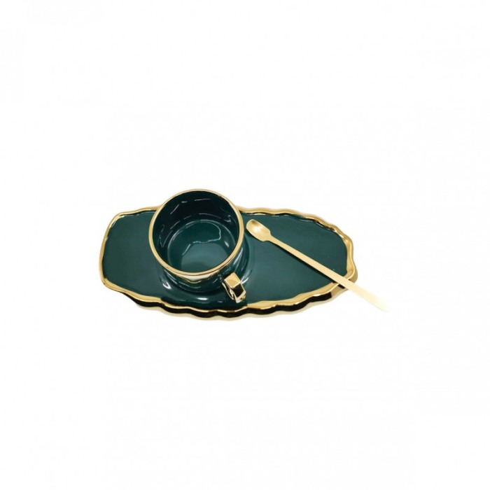 Set Ceasca Green Royal, lingurita si farfurie incluse, 25 cm, forma asimetrica, accente aurii, 100 ml, verde smarald [3]