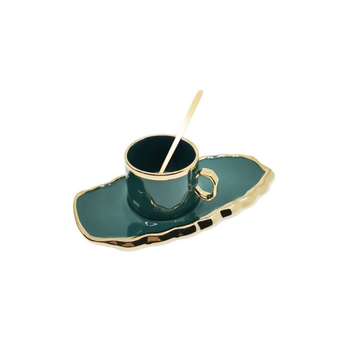 Set Ceasca Green Royal, lingurita si farfurie incluse, 25 cm, forma asimetrica, accente aurii, 100 ml, verde smarald [1]