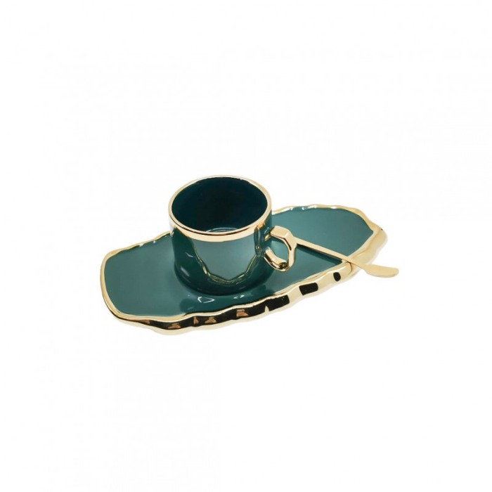 Set Ceasca Green Royal, lingurita si farfurie incluse, 25 cm, forma asimetrica, accente aurii, 100 ml, verde smarald [4]