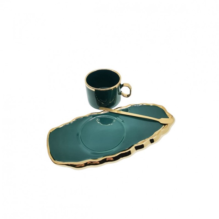 Set Ceasca Green Royal, lingurita si farfurie incluse, 25 cm, forma asimetrica, accente aurii, 100 ml, verde smarald [2]