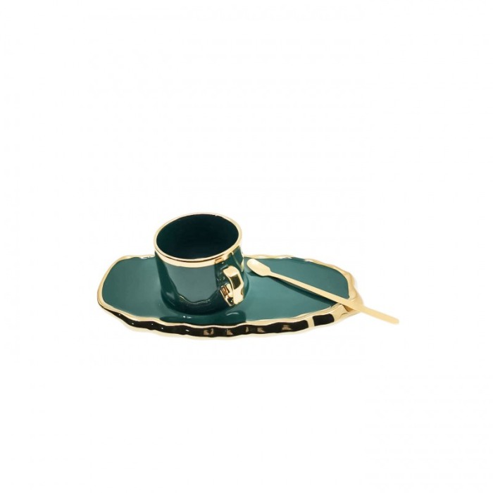 Set Ceasca Green Royal, lingurita si farfurie incluse, 25 cm, forma asimetrica, accente aurii, 100 ml, verde smarald [5]