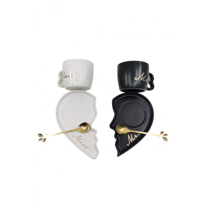 Set Cesti CoupleHeart, lingurite si farfurii incluse, forma asimetrica, accente aurii, 75 ml, negru/alb, Doty®️ [5]