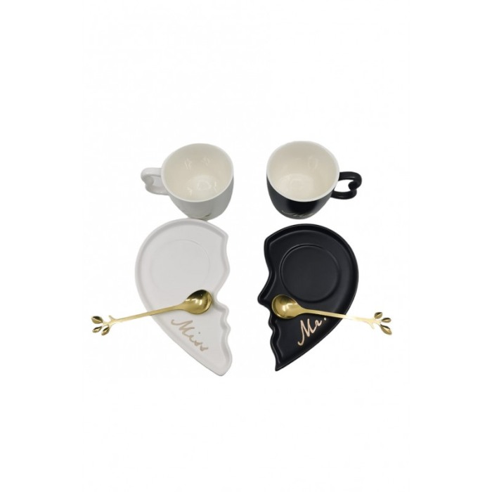Set Cesti CoupleHeart, lingurite si farfurii incluse, forma asimetrica, accente aurii, 75 ml, negru/alb, Doty®️ [3]