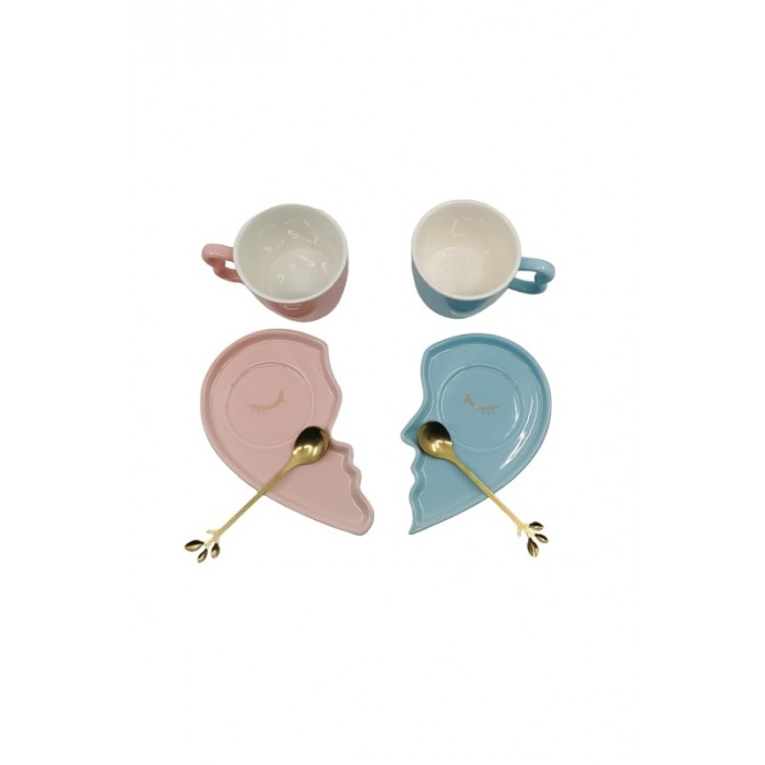 Set Cesti CuteCouple, lingurite si farfurii incluse, forma asimetrica, accente aurii, 75 ml, roz/albastru, Doty®️ [3]