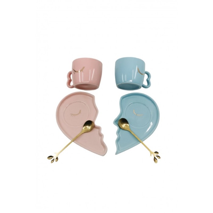 Set Cesti CuteCouple, lingurite si farfurii incluse, forma asimetrica, accente aurii, 75 ml, roz/albastru, Doty®️ [5]