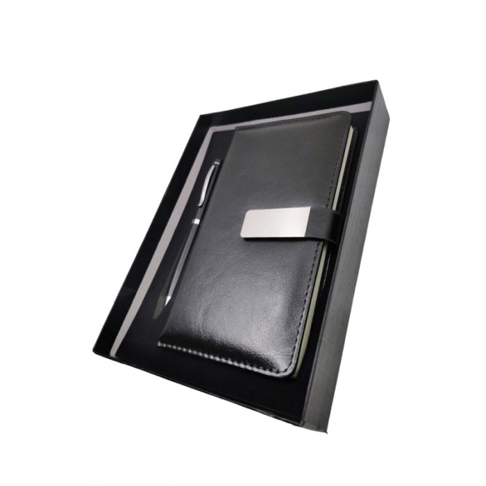 Set cu agenda si pix OfficeGifts Doty®, 17x10 cm, coperta din piele ecologica cu prindere magnetica, accente metalice, negru [2]