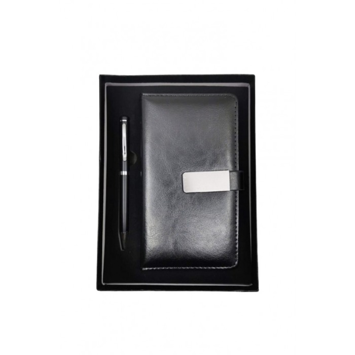 Set cu agenda si pix OfficeGifts Doty®, 17x10 cm, coperta din piele ecologica cu prindere magnetica, accente metalice, negru [1]