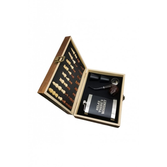 Set cutie eleganta cadou There's Whiskey Doty®, joc de sah, plosca de 150 ml din inox cu 2 pahare pentru tarie, palnie si pipa [3]