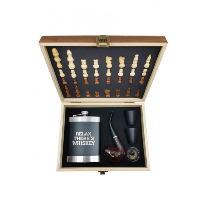 Set cutie eleganta cadou There's Whiskey Doty®, joc de sah, plosca de 150 ml din inox cu 2 pahare pentru tarie, palnie si pipa [5]