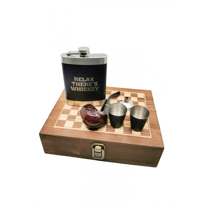 Set cutie eleganta cadou There's Whiskey Doty®, joc de sah, plosca de 150 ml din inox cu 2 pahare pentru tarie, palnie si pipa [2]