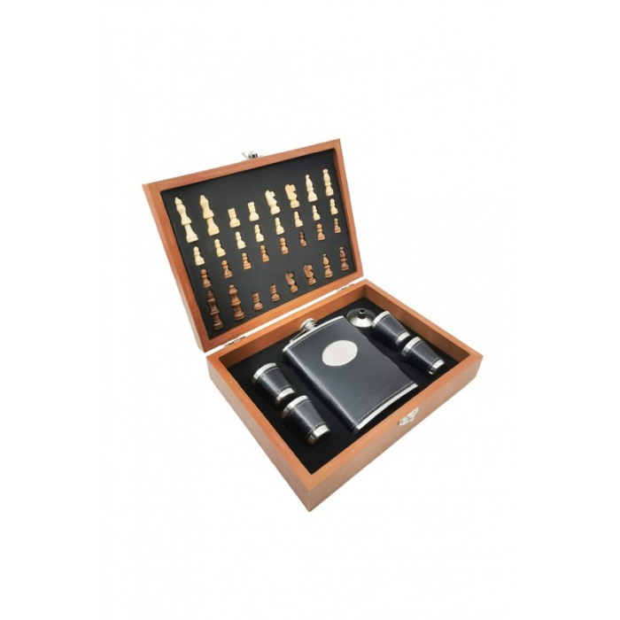 Set cutie joc de sah complet, plosca de 150 ml din inox si piele ecologica neagra cu 4 pahare pentru tarie si palnie [1]