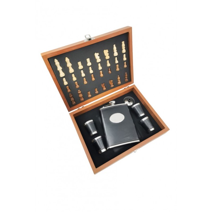 Set cutie joc de sah complet, plosca de 150 ml din inox si piele ecologica neagra cu 4 pahare pentru tarie si palnie [2]