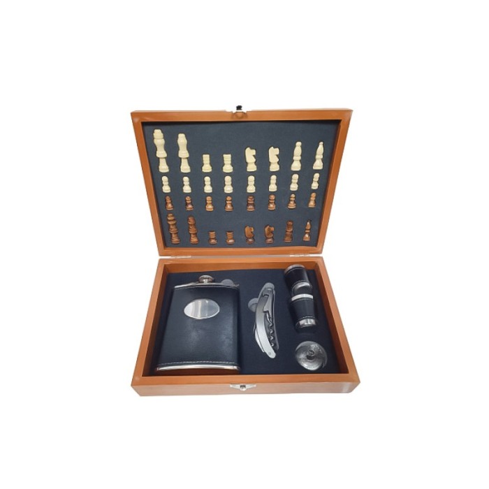 Set cutie joc de sah complet,plosca de 200 ml din inox si piele ecologica neagra cu 2 pahare pentru tarie si alte accesorii [3]