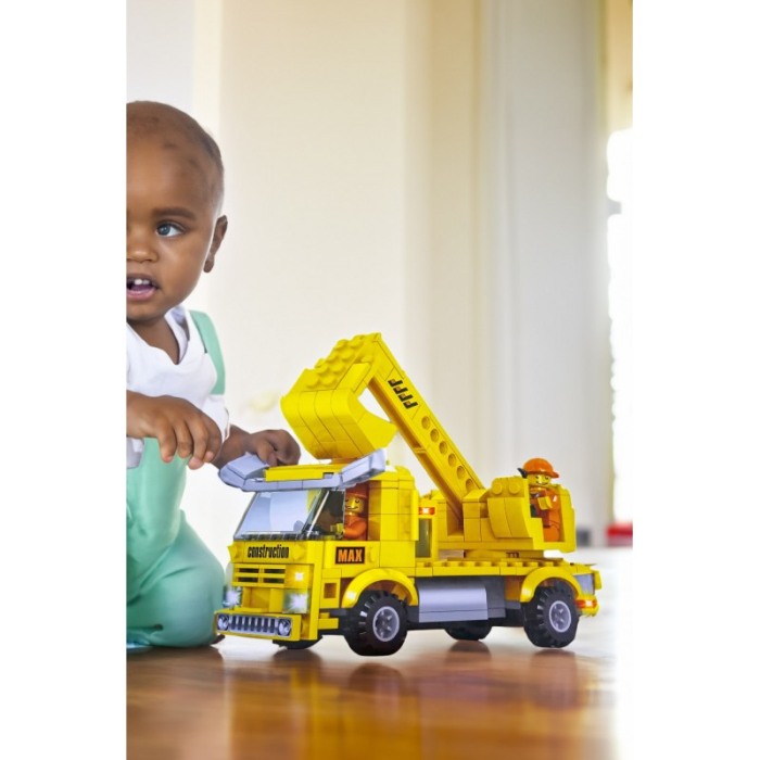 Set de constructie Engineer Cars 2 in 1, escavator si autoutilitara cu lift, 2 figurine, 230 piese, galben, Doty® [4]