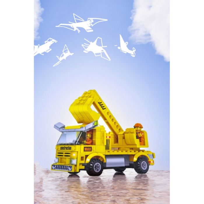 Set de constructie Engineer Cars 2 in 1, escavator si autoutilitara cu lift, 2 figurine, 230 piese, galben, Doty® [5]