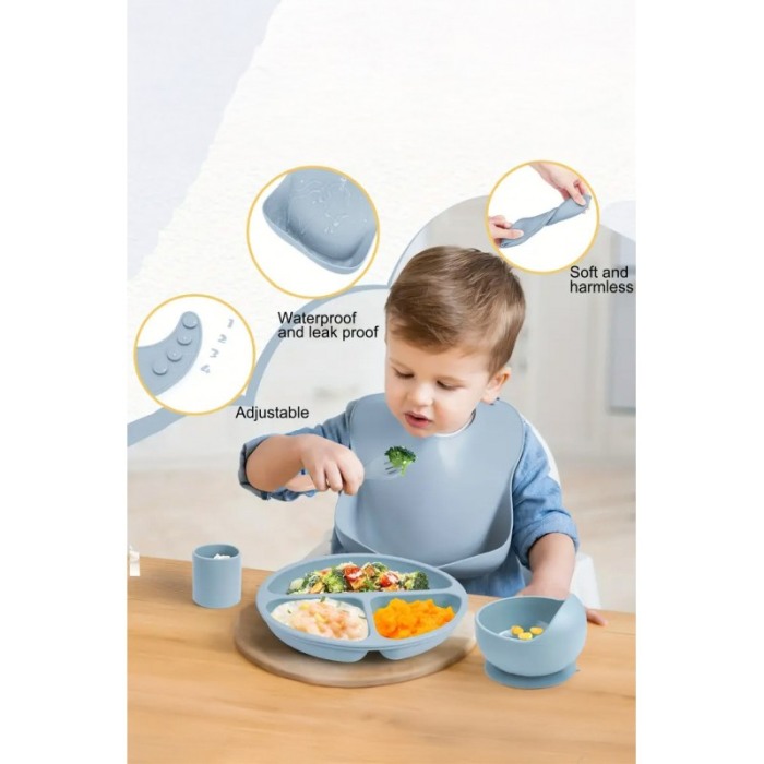 Set de Vesela pentru hranire bebelusi Baby Dining Kit Doty®, din silicon, non toxic, antiderapant, albastru [4]
