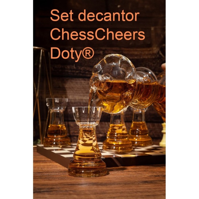 Set decantor deluxe ChessCheers Doty®, 4 pahare, suport din lemn in forma de tabla de sah, materiale de calitate, 750 ml [5]