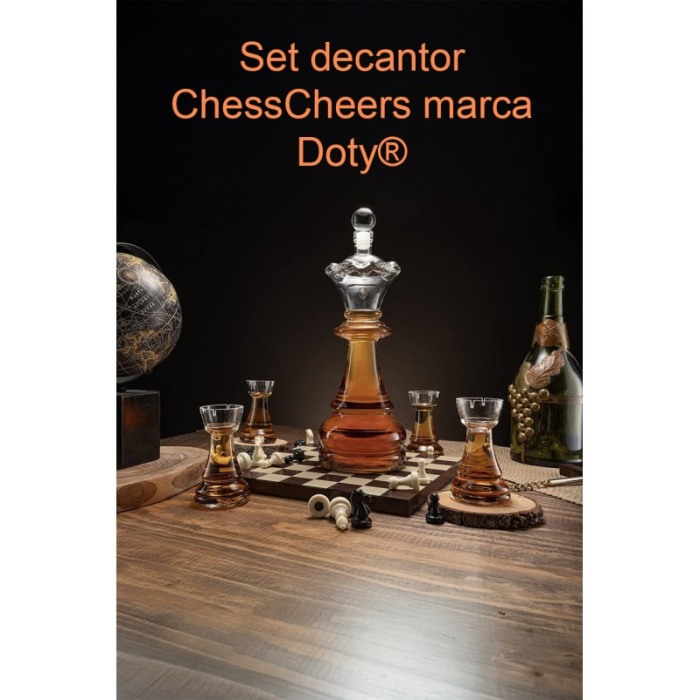Set decantor deluxe ChessCheers Doty®, 4 pahare, suport din lemn in forma de tabla de sah, materiale de calitate, 750 ml [6]