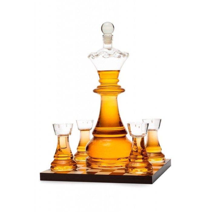 Set decantor deluxe ChessCheers Doty®, 4 pahare, suport din lemn in forma de tabla de sah, materiale de calitate, 750 ml [1]
