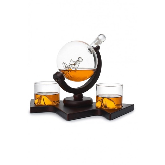 Set decantor deluxe SkiCheers Doty®, 2 pahare, suport lemn maro inchis, cadou pentru barbati, 850 ml [1]