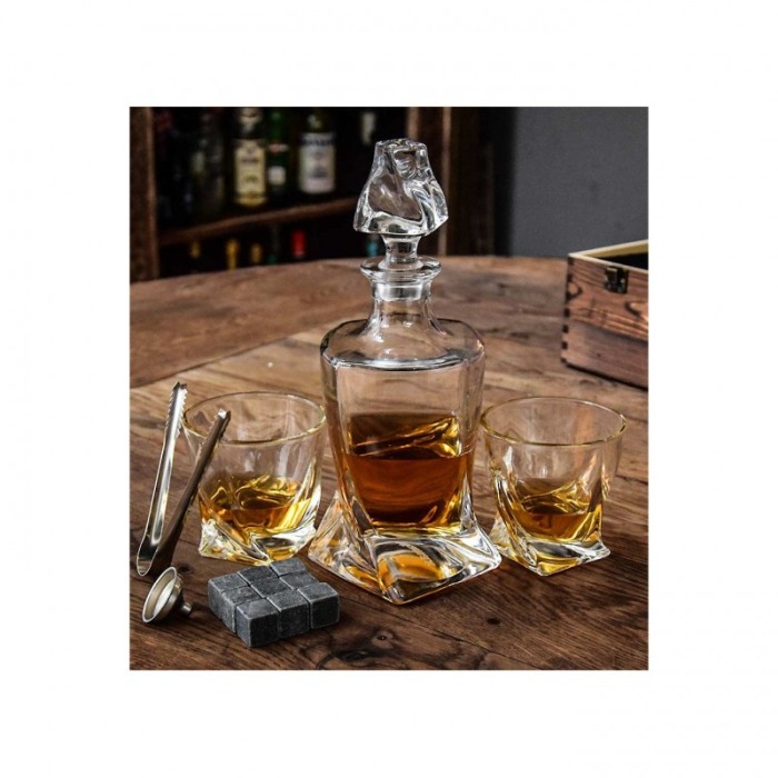 Set decantor Gallant Twisted Wood, accesorii incluse, 9 cuburi din granit, cutie lemn, 850 ml, transparent [5]