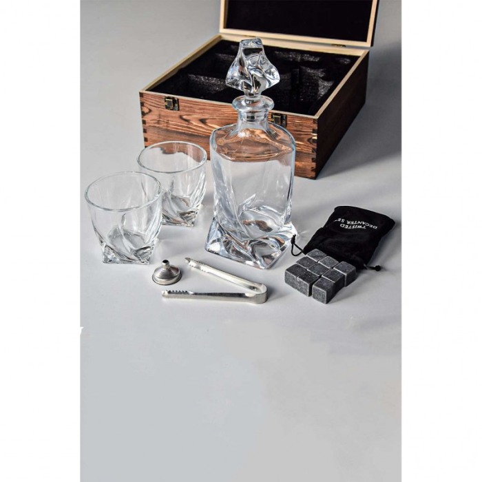 Set decantor Gallant Twisted Wood, accesorii incluse, 9 cuburi din granit, cutie lemn, 850 ml, transparent [8]
