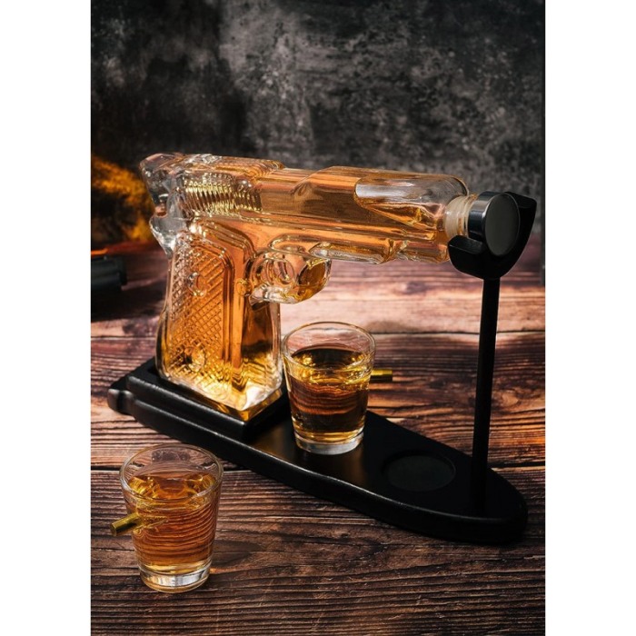 Set decantor PowerBullets Decanter, forma pistol, din sticla, 2 pahare, suport din lemn, elegant, 230 ml, Doty® [4]