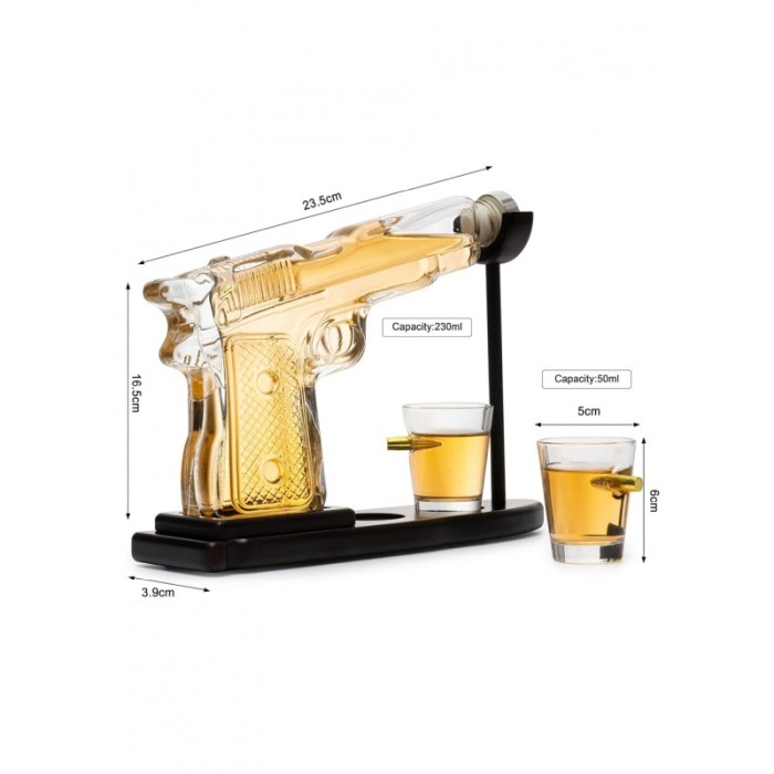 Set decantor PowerBullets Decanter, forma pistol, din sticla, 2 pahare, suport din lemn, elegant, 230 ml, Doty® [5]