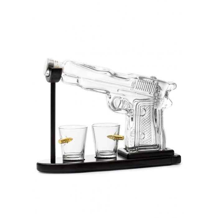 Set decantor PowerBullets Decanter, forma pistol, din sticla, 2 pahare, suport din lemn, elegant, 230 ml, Doty® [3]